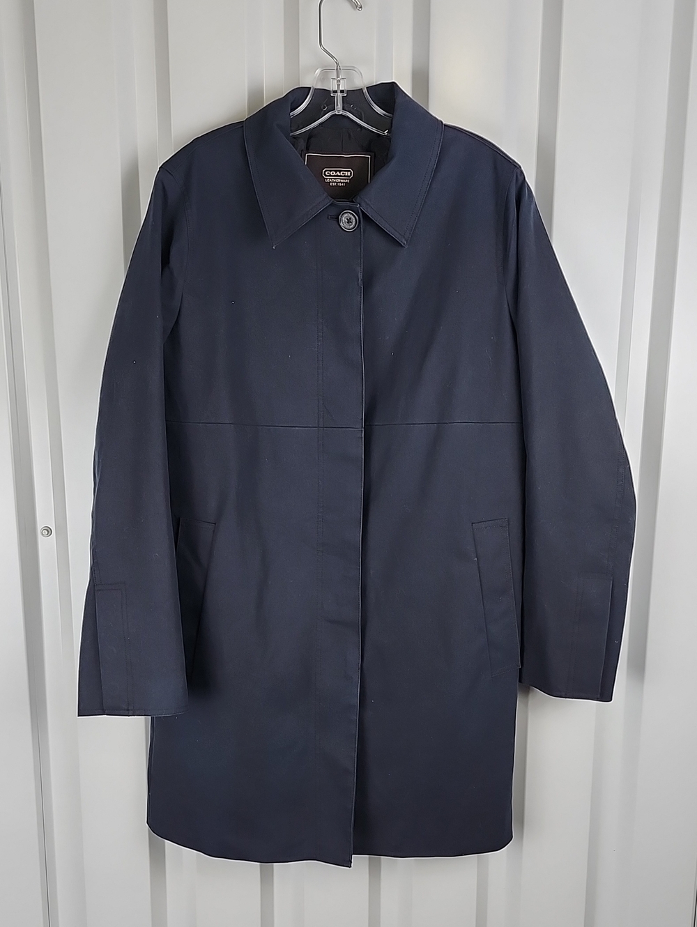 Coach Womens Dark Navy Button Front Trench Coat Large Signature C Lining Classic